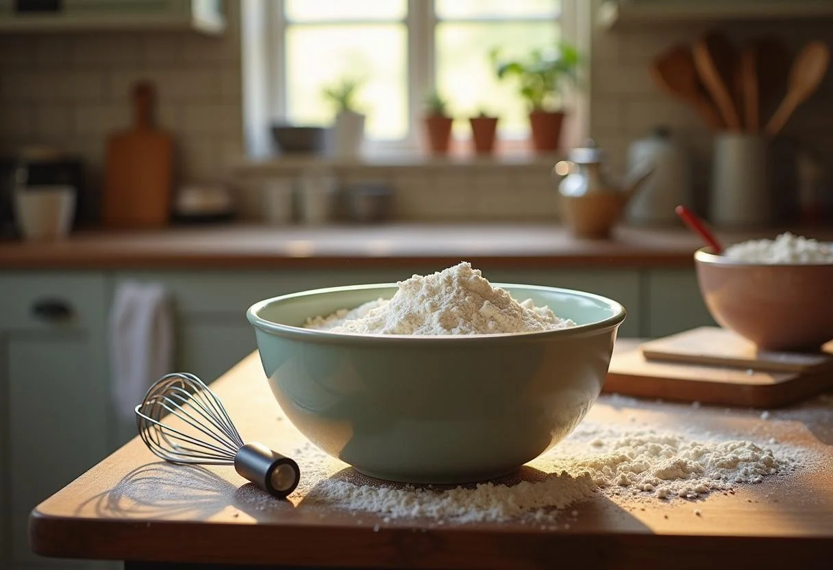 Preparing the flour and sugar mixture for Harry Potter Beauxbatons Butterfly Biscuits in a cozy kitchen.