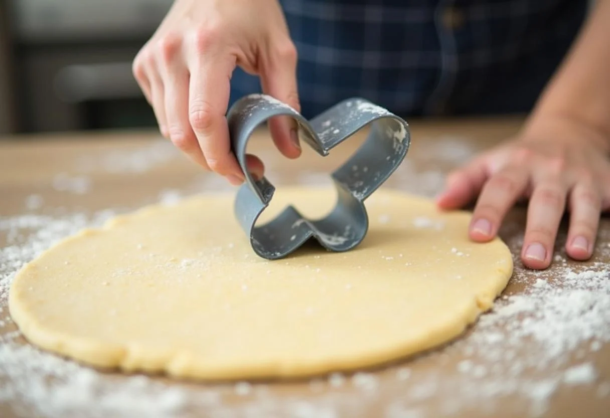 Rolling out dough to cut butterfly shapes for Harry Potter Beauxbatons Butterfly Biscuits on a flour-dusted countertop.