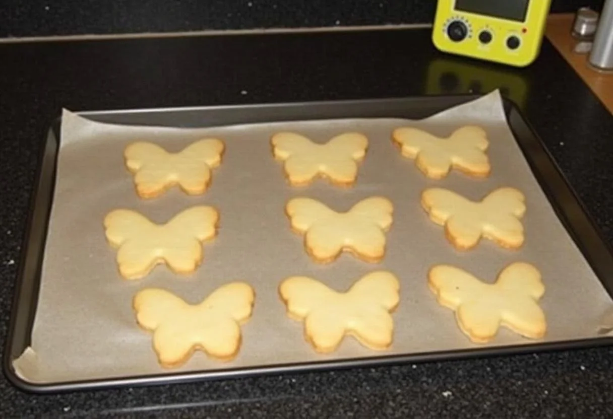Placing butterfly-shaped biscuits on a tray to bake, preparing Harry Potter Beauxbatons Butterfly Biscuits.