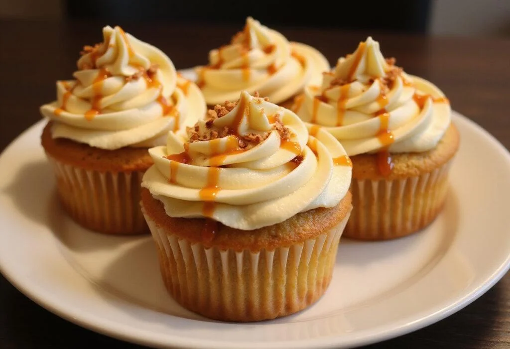 Final display of Harry Potter Butterbeer non-alcoholic Cupcakes with butterscotch frosting and caramel drizzle.