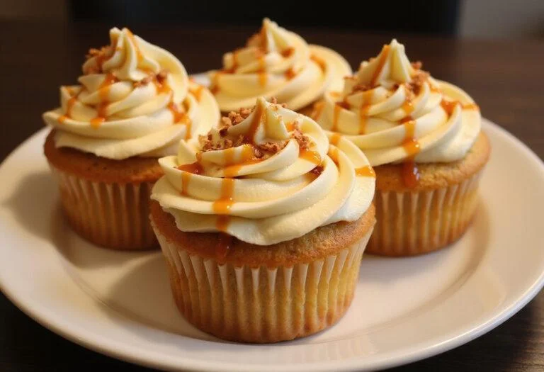 Final display of Harry Potter Butterbeer non-alcoholic Cupcakes with butterscotch frosting and caramel drizzle.