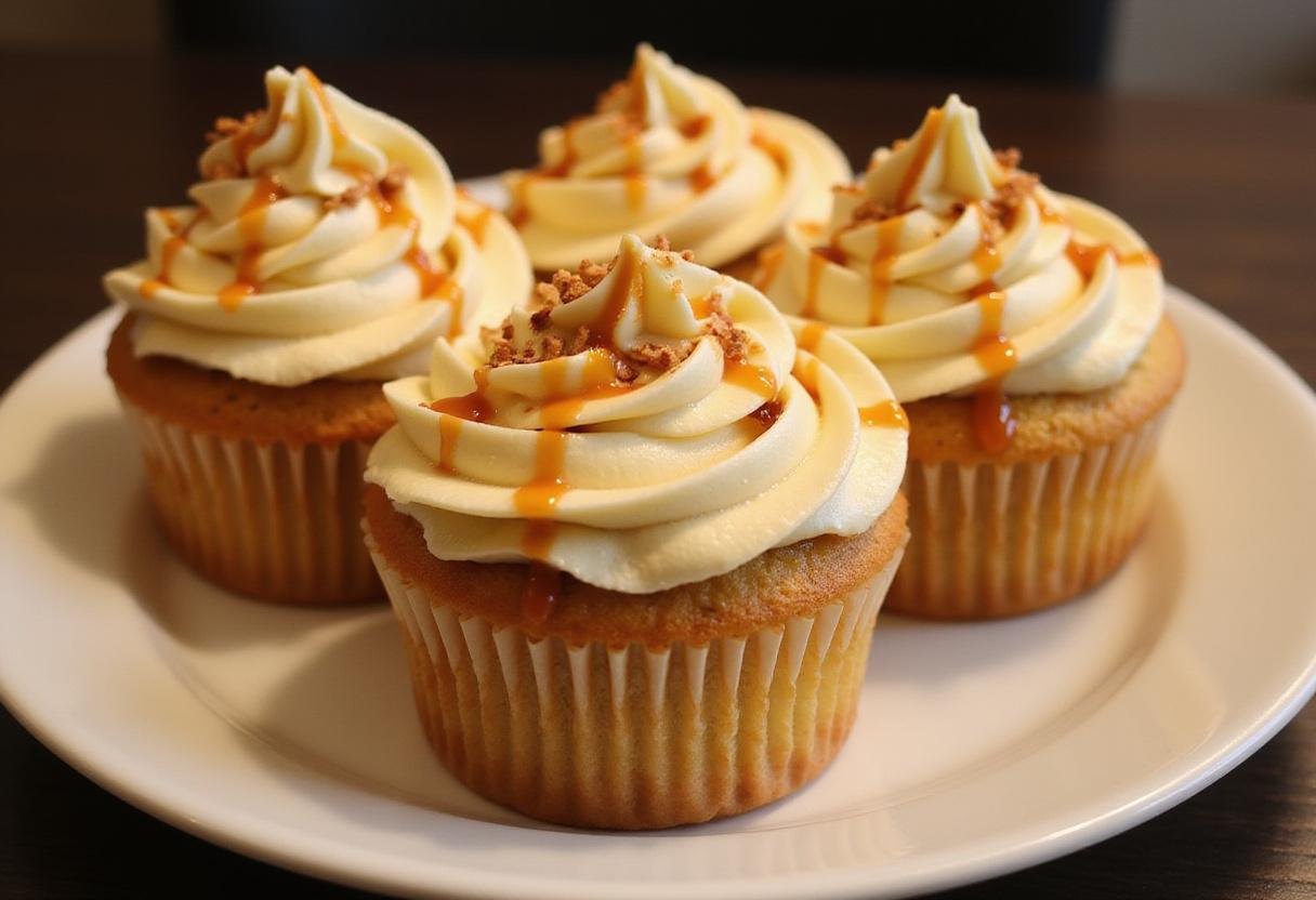 Final display of Harry Potter Butterbeer non-alcoholic Cupcakes with butterscotch frosting and caramel drizzle.