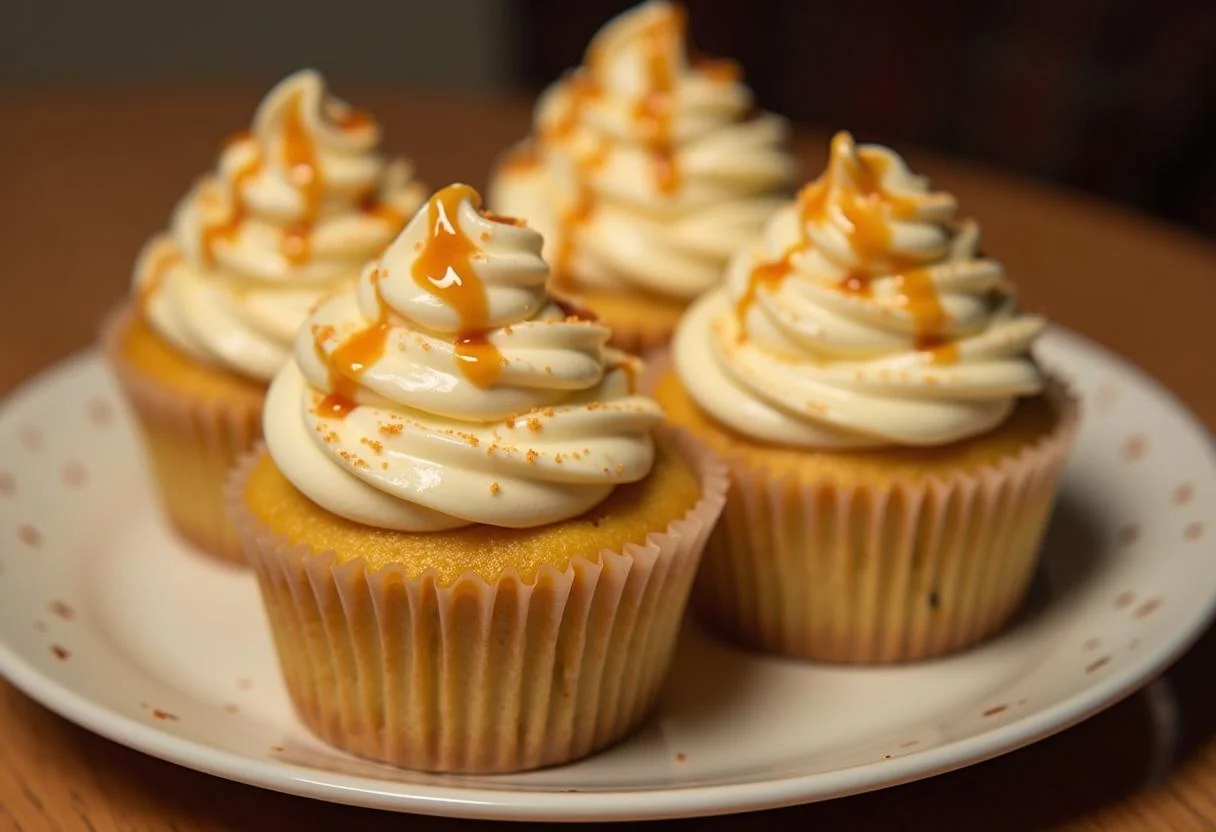 Final display of Harry Potter Butterbeer non-alcoholic Cupcakes with butterscotch frosting and caramel drizzle.