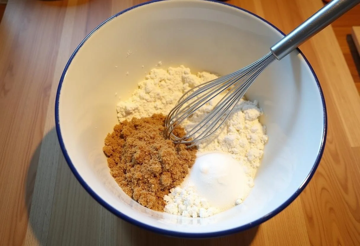 Mixing dry ingredients for Harry Potter Butterbeer non-alcoholic Cupcakes including brown sugar, flour, baking powder, and salt.
