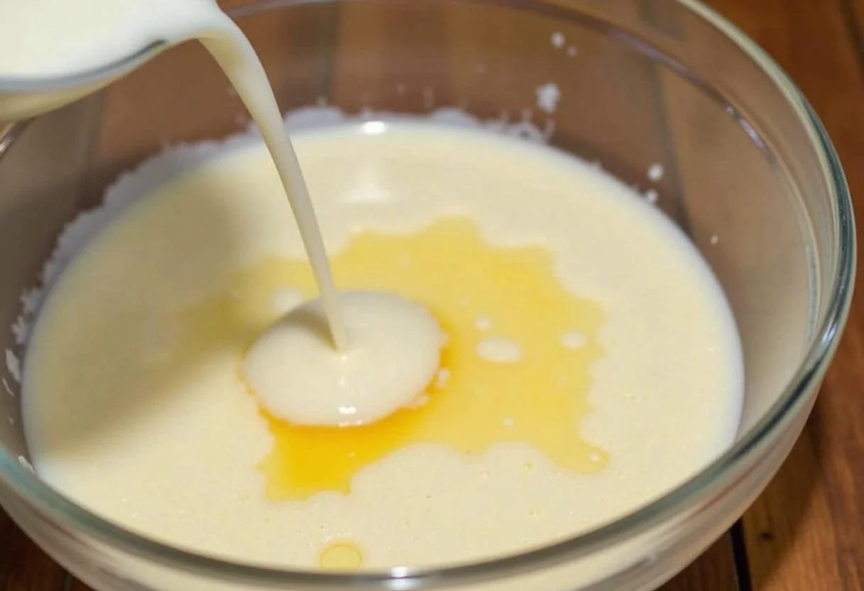 Combining wet ingredients like melted butter, vanilla extract, and milk for Harry Potter Butterbeer non-alcoholic Cupcakes.