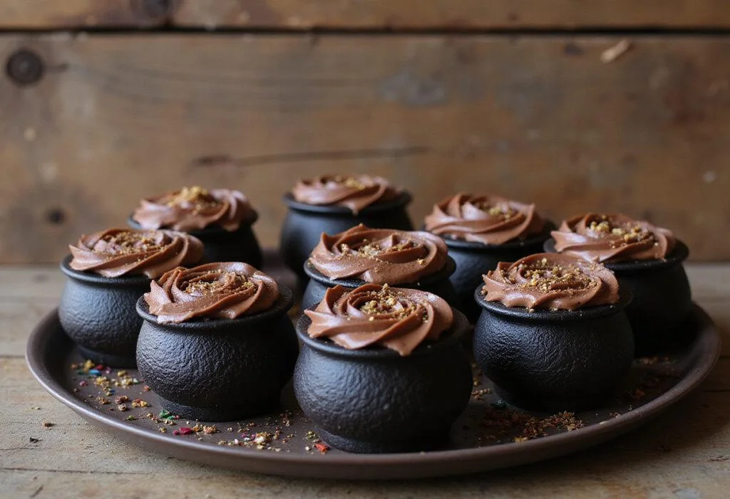 Elegant display of Harry Potter Cauldron Cakes topped with chocolate frosting and glitter, perfect for a themed party or celebration.