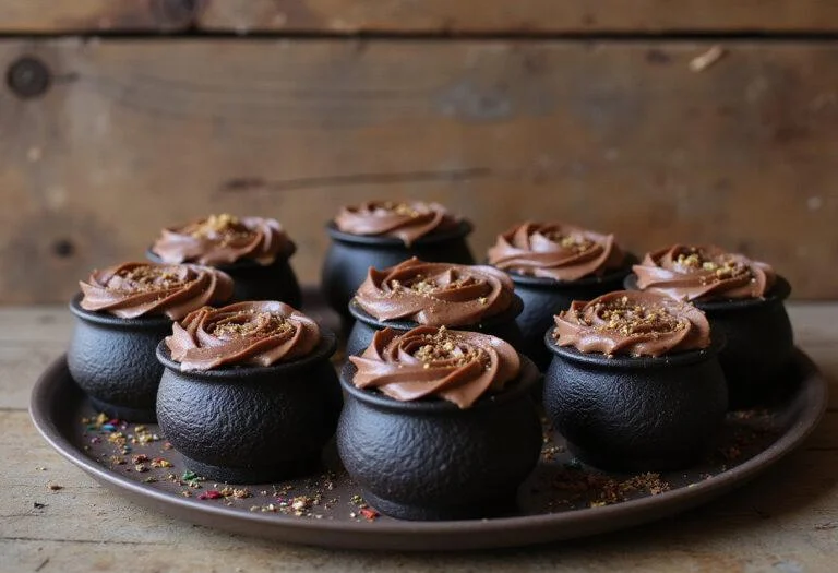 Elegant display of Harry Potter Cauldron Cakes topped with chocolate frosting and glitter, perfect for a themed party or celebration.