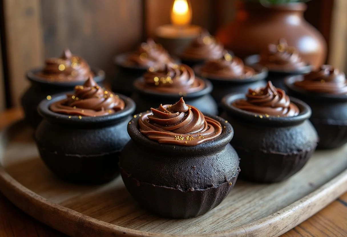 Elegant display of Harry Potter Cauldron Cakes topped with chocolate frosting and glitter, perfect for a themed party or celebration.
