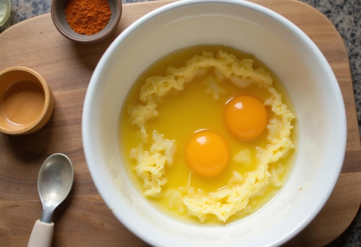 Creating a moist batter for Harry Potter Cauldron Cakes by mixing melted butter, eggs, and vanilla extract, capturing the essence of deliciousness.