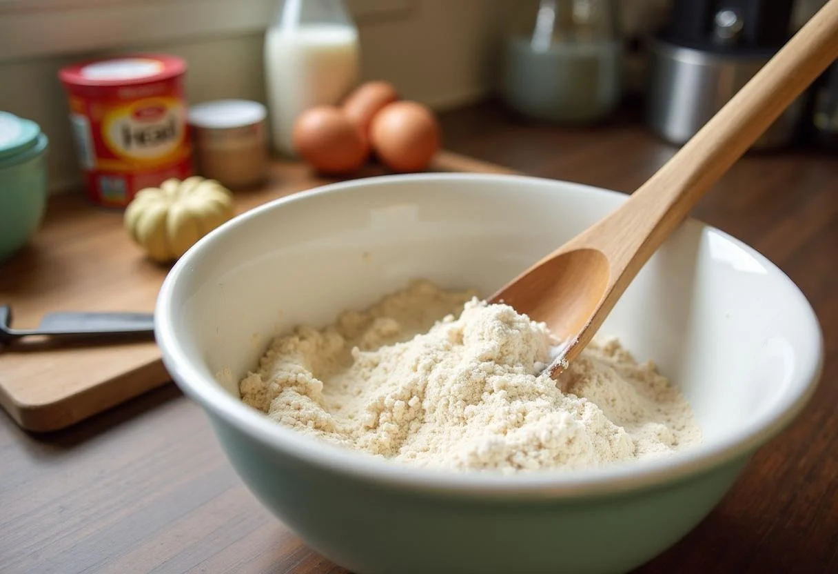 Mixing ingredients for Harry Potter Dragon Egg Bread featuring flour, sugar, yeast, and milk in a cozy kitchen