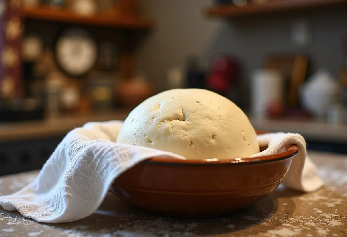 Dough resting for Harry Potter Dragon Egg Bread, covered with a kitchen towel in a charming kitchen setting