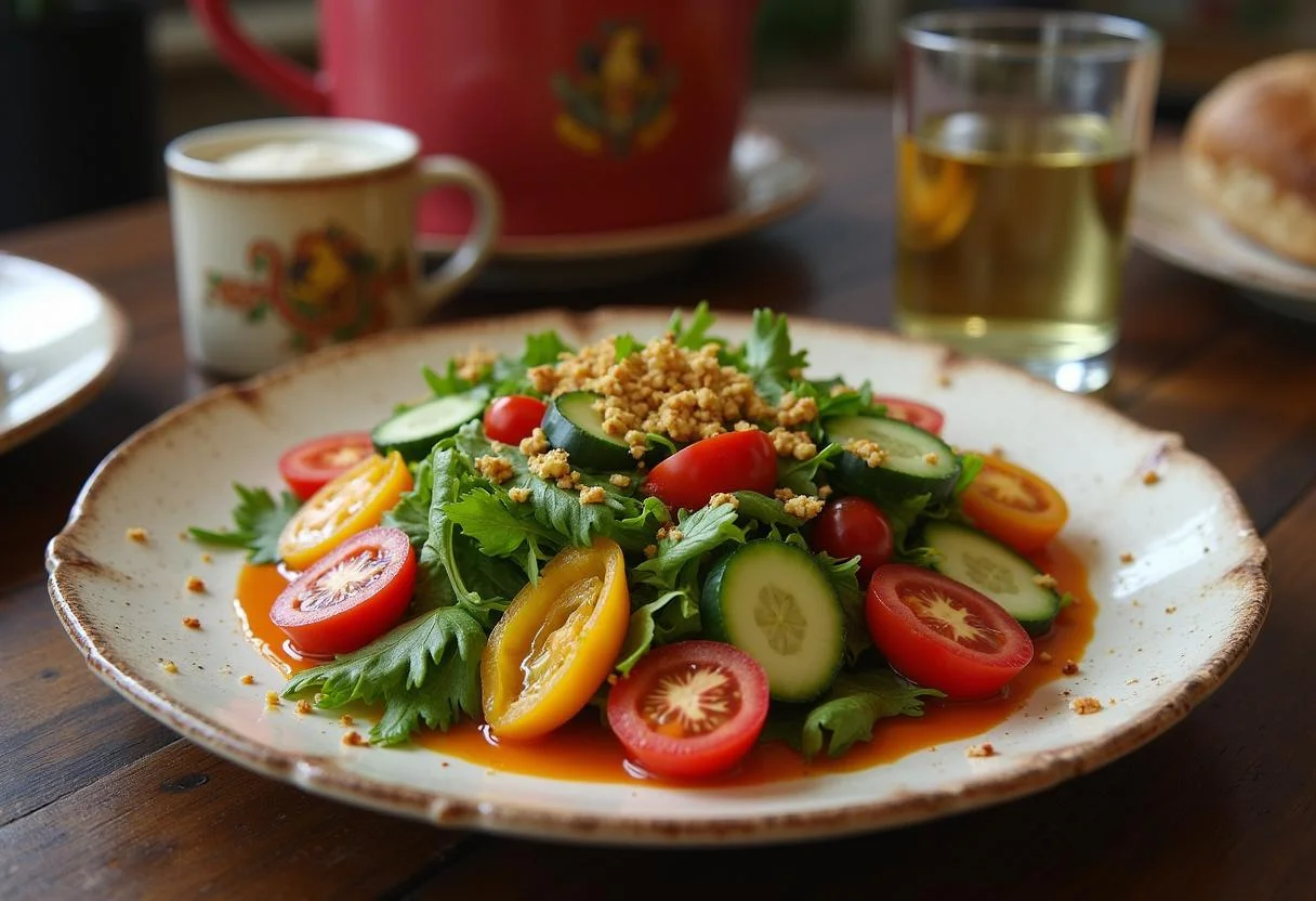 Final presentation of Harry Potter Emma Watson's Gryffindor Garden Salad on a rustic wooden table, showcasing the vibrant colors and delicious ingredients.