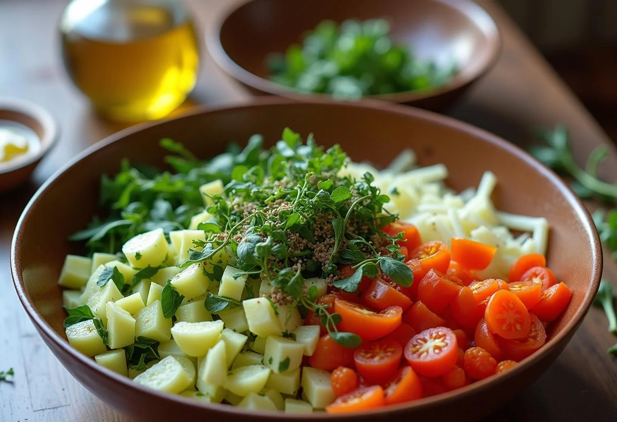 Fresh herbs and chopped vegetables mixed in a bowl for Harry Potter Emma Watson's Gryffindor Garden Salad, indicative of a healthy and vibrant dish.