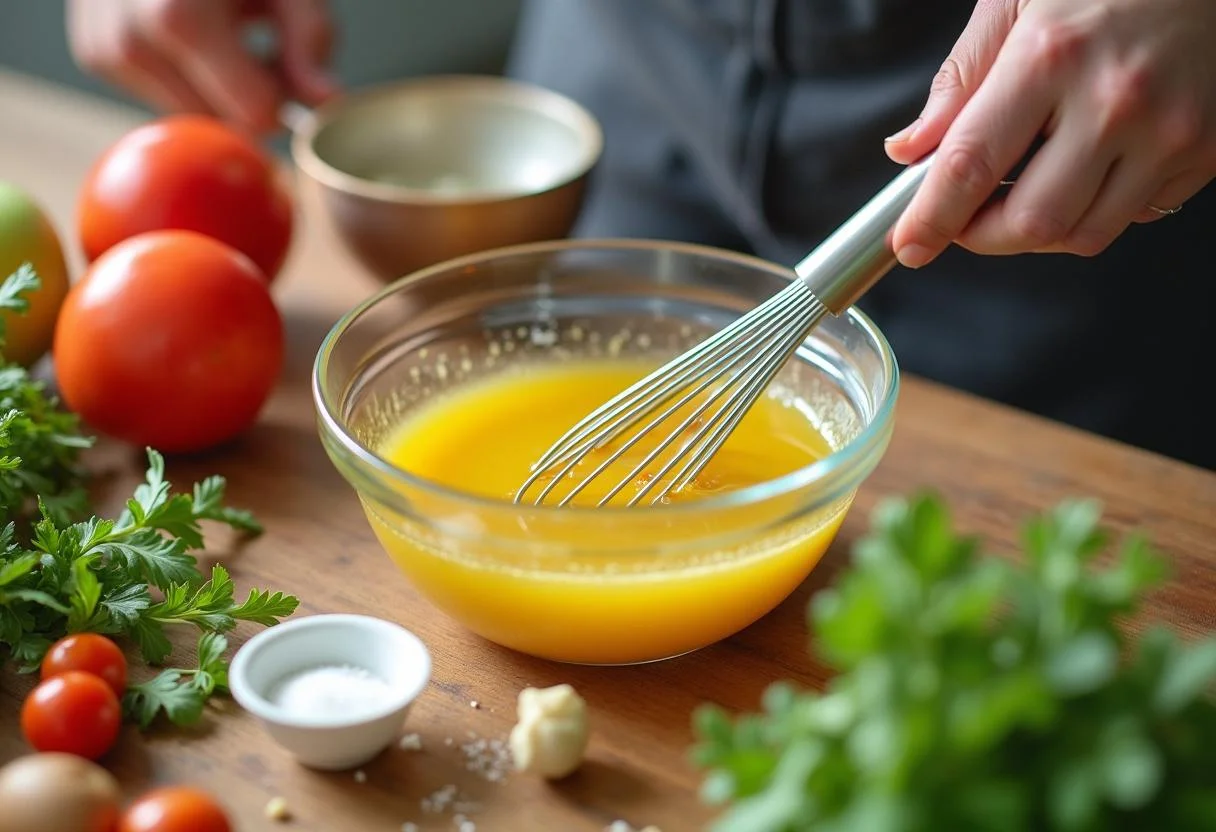 Whisking salad dressing for Harry Potter Emma Watson's Gryffindor Garden Salad with olive oil and vinegar, highlighting the vibrant kitchen atmosphere.