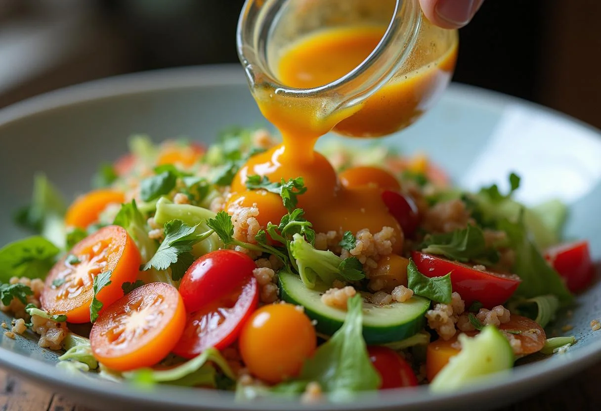 Tossing the vibrant salad with dressing for Harry Potter Emma Watson's Gryffindor Garden Salad, showcasing a beautiful medley of colors and textures.