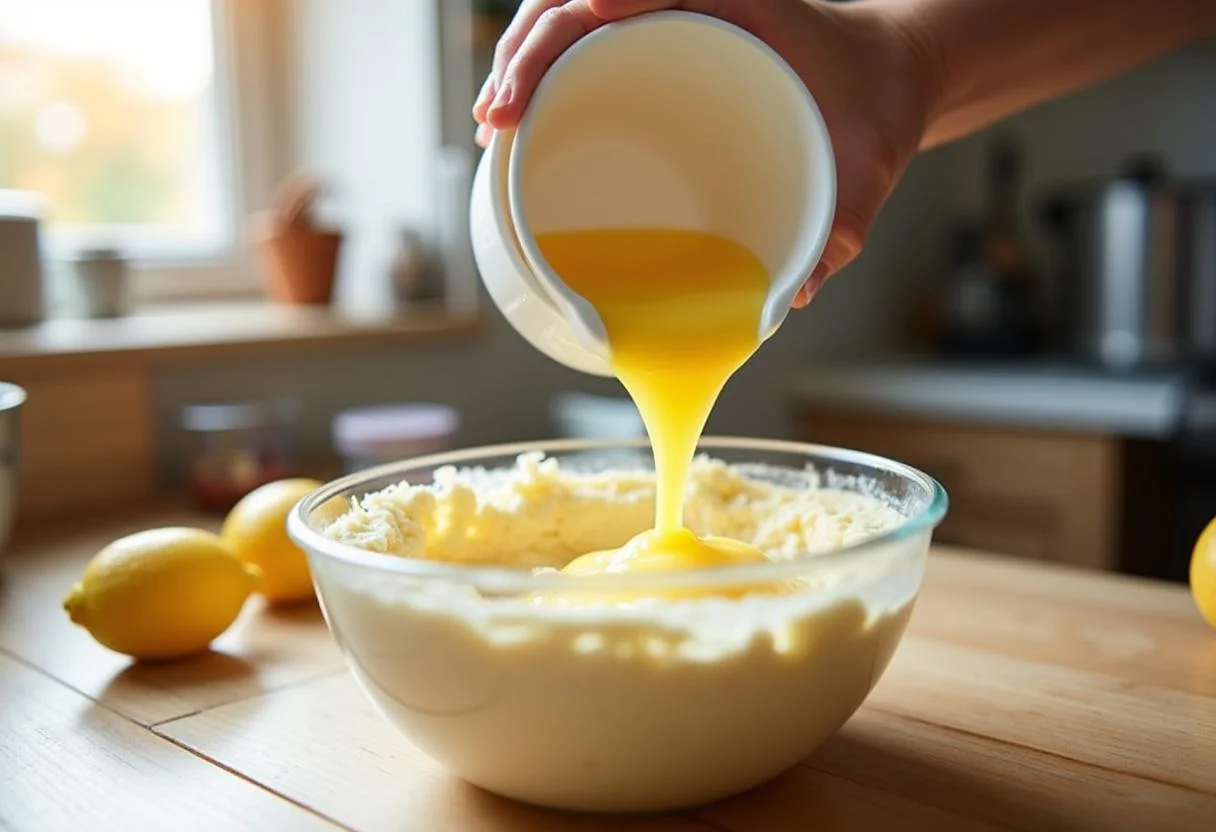 Combining egg and lemon juice mixture for Harry Potter Felix Felicis Lucky Lemon Bars, emphasizing the process of creating a flavorful batter.