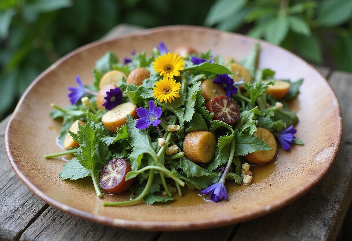 Gourmet presentation of Harry Potter Firenze's Forest Forage Salad in an outdoor setting.