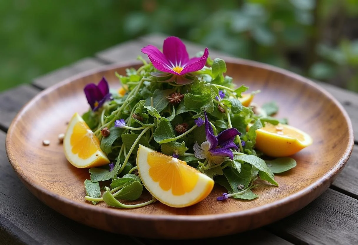 Gourmet presentation of Harry Potter Firenze's Forest Forage Salad in an outdoor setting.