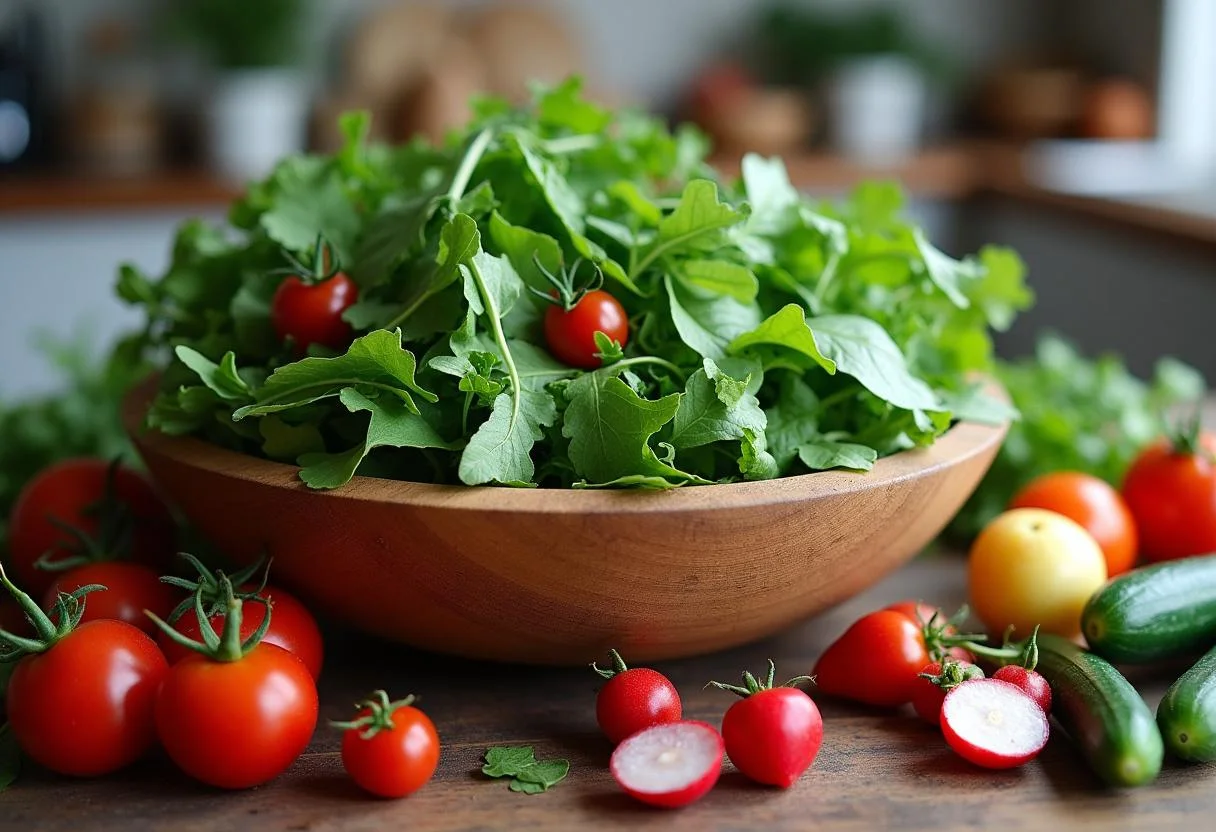 Fresh greens and colorful vegetables for Harry Potter Firenze's Forest Forage Salad preparation.