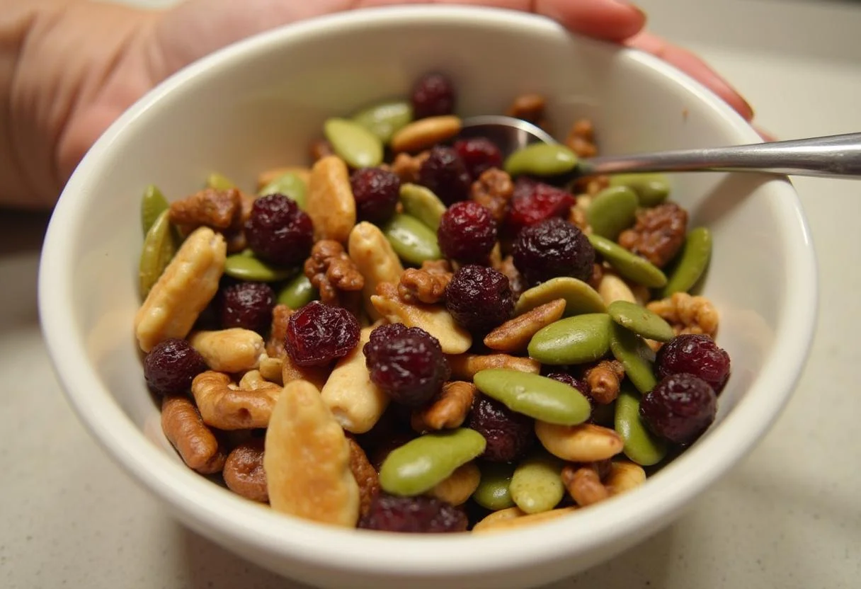 Adding nuts, seeds, and dried cranberries for Harry Potter Firenze's Forest Forage Salad.
