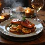 Final presentation of Harry Potter Gillywater Glazed Salmon, showcasing an elegant dining experience with exquisite garnishing and atmosphere.