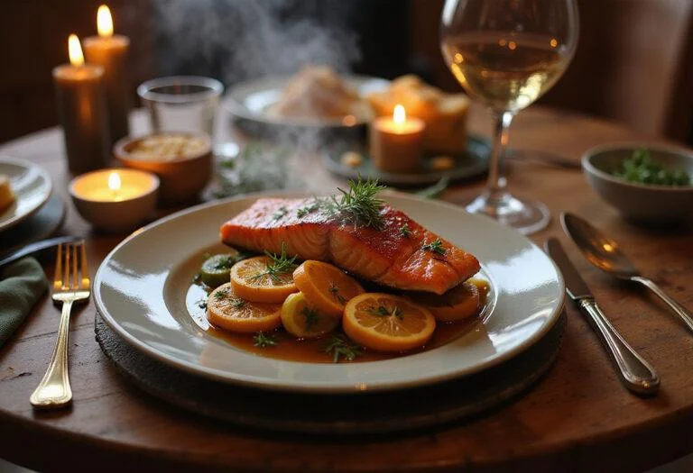 Final presentation of Harry Potter Gillywater Glazed Salmon, showcasing an elegant dining experience with exquisite garnishing and atmosphere.