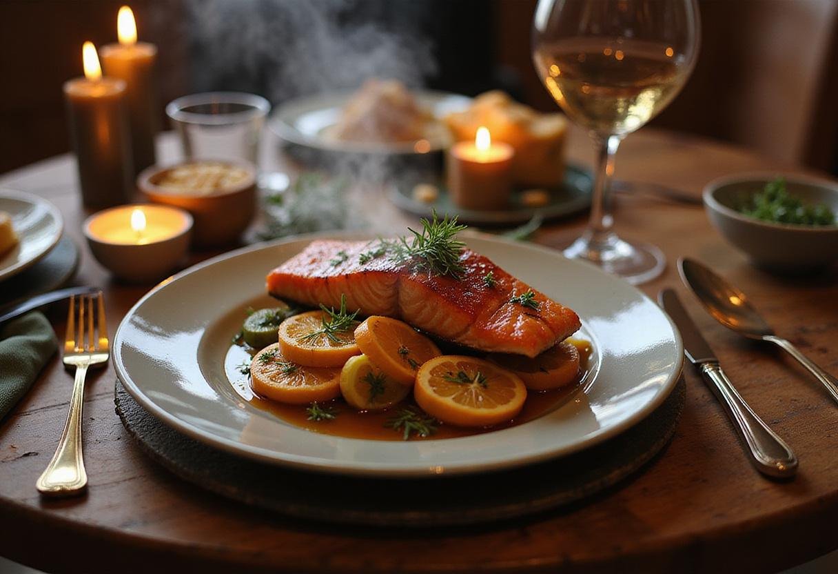 Final presentation of Harry Potter Gillywater Glazed Salmon, showcasing an elegant dining experience with exquisite garnishing and atmosphere.