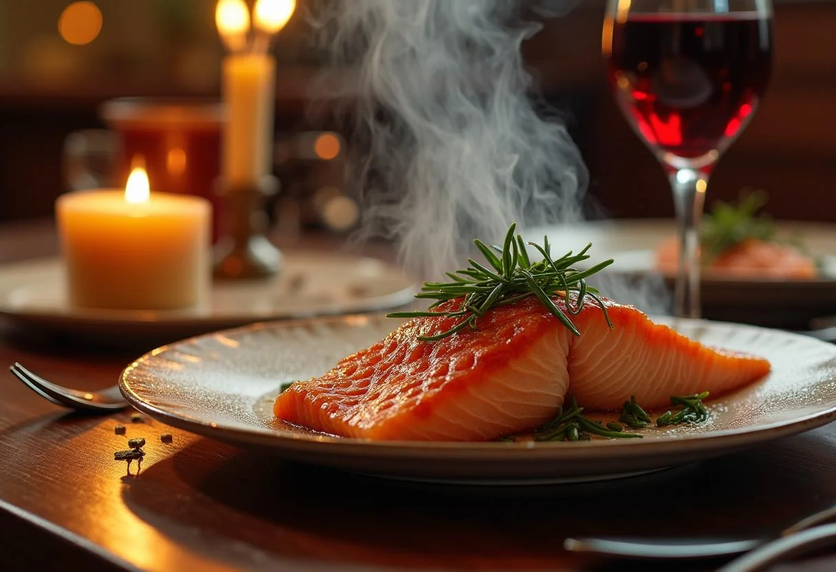 Final presentation of Harry Potter Gillywater Glazed Salmon, showcasing an elegant dining experience with exquisite garnishing and atmosphere.
