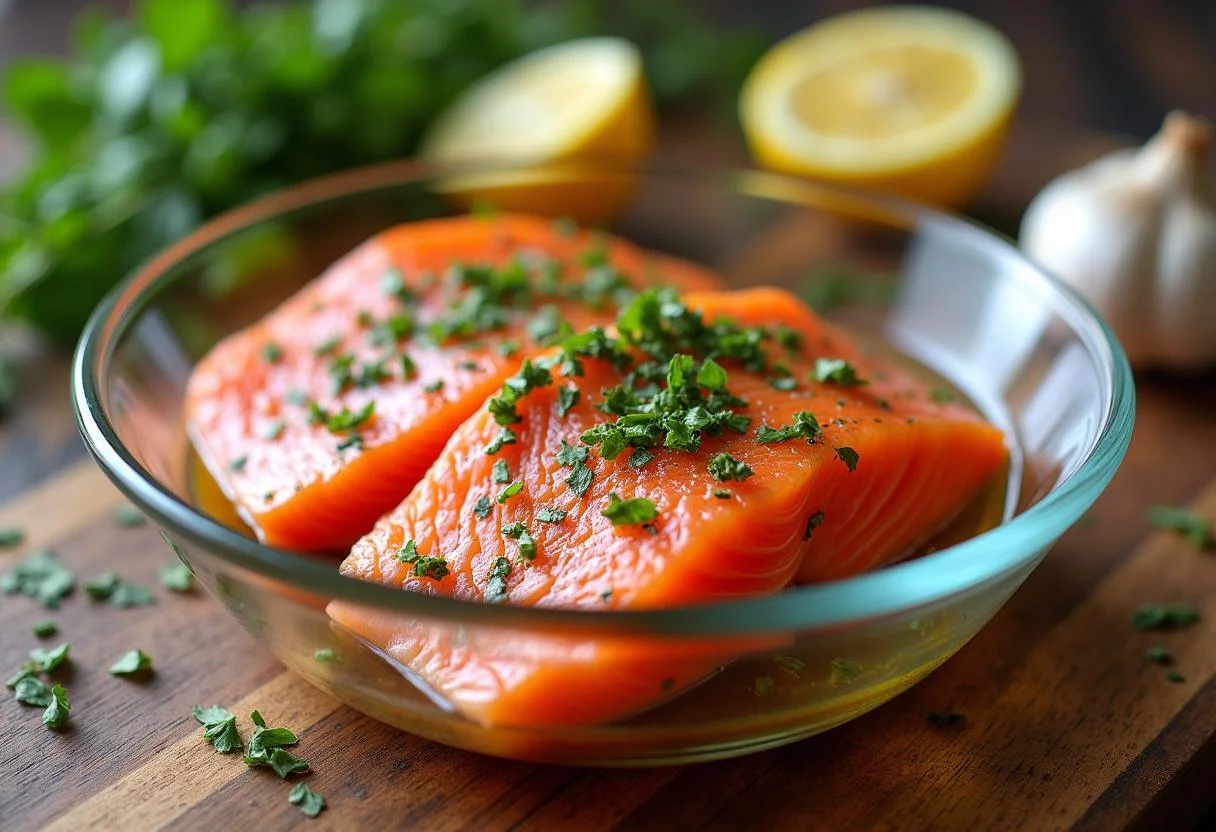 Gillywater glaze preparation for Harry Potter Gillywater Glazed Salmon, featuring herbs, lemon zest, and garlic in a glass bowl.