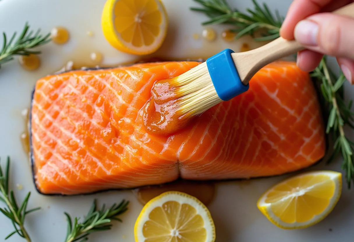 Brushing gillywater glaze on salmon fillet for Harry Potter Gillywater Glazed Salmon, surrounded by lemon slices and fresh herbs.