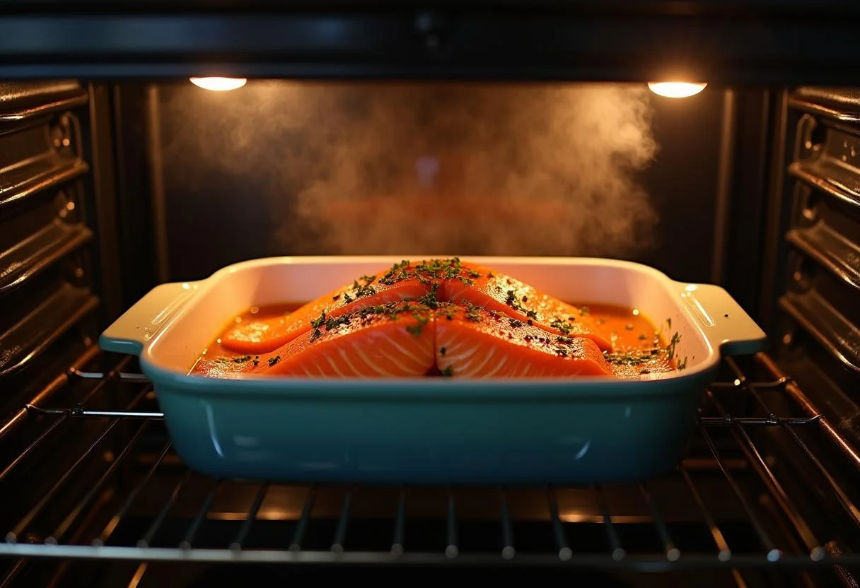 Salmon fillet in a baking dish, drizzled with gillywater glaze, ready to bake for Harry Potter Gillywater Glazed Salmon, with a preheated oven in the background.