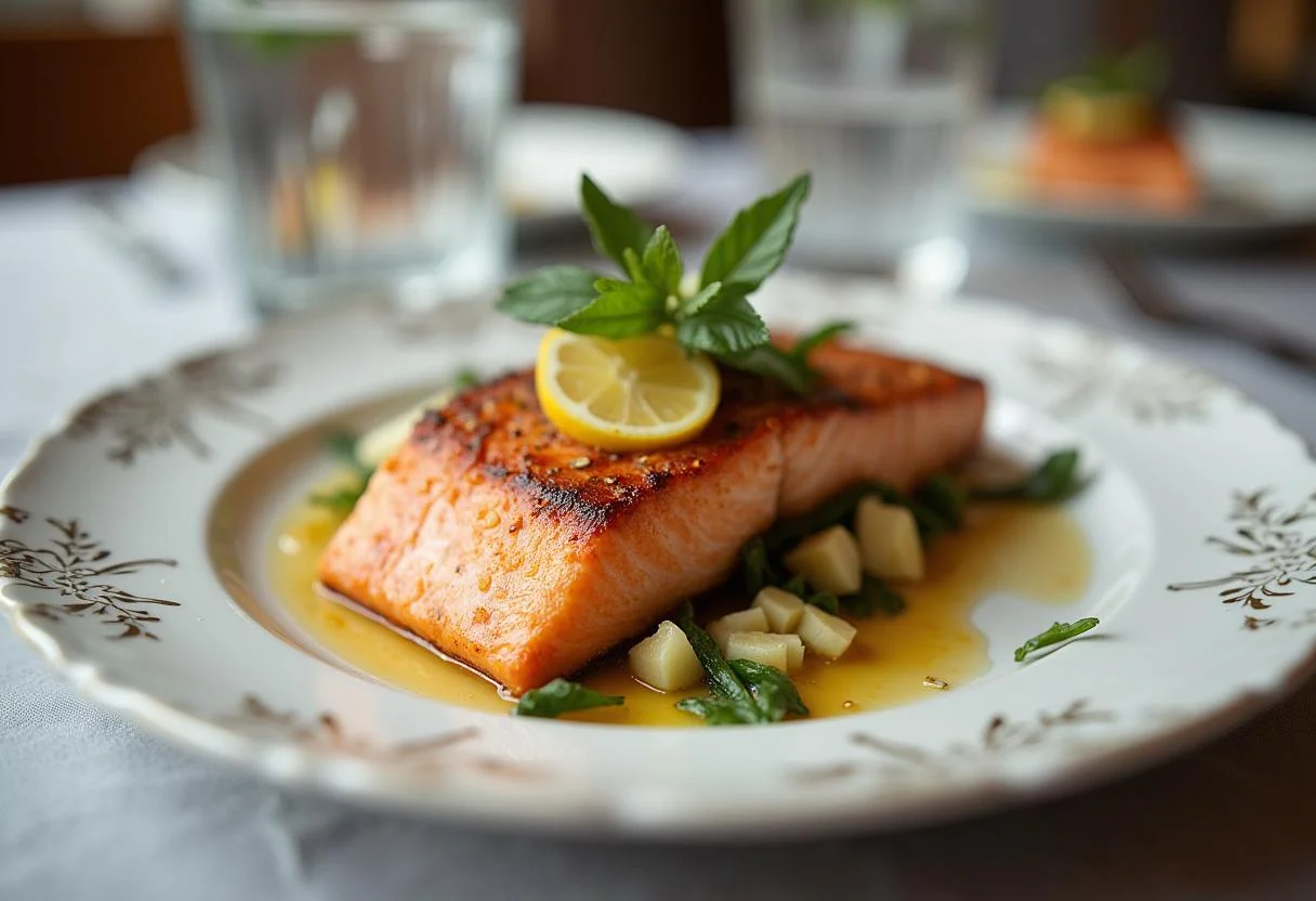 Plate of Harry Potter Gillywater Glazed Salmon, beautifully garnished, set on a dining table with gillywater in a glass.