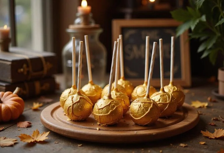 Beautifully arranged Harry Potter Golden Snitch Cake Pops on a wooden platter, showcasing a magical dessert experience.