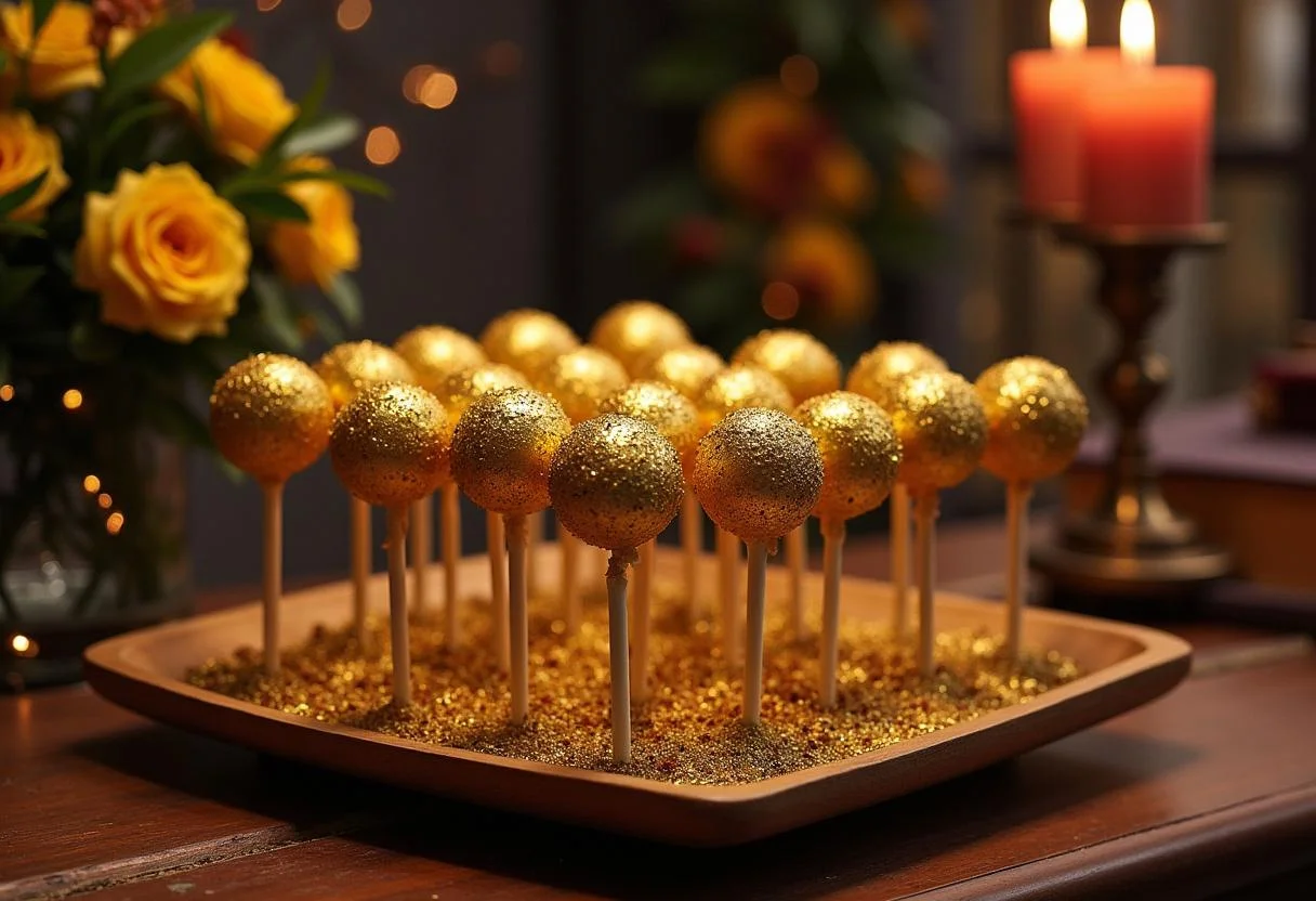 Beautifully arranged Harry Potter Golden Snitch Cake Pops on a wooden platter, showcasing a magical dessert experience.
