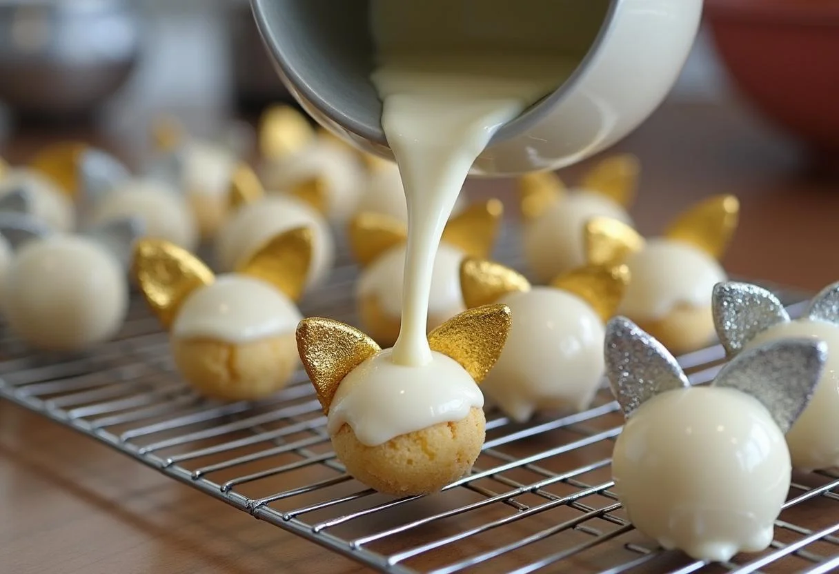 Dipping cake pops in melted white chocolate for Harry Potter Golden Snitch Cake Pops, ready for decoration.
