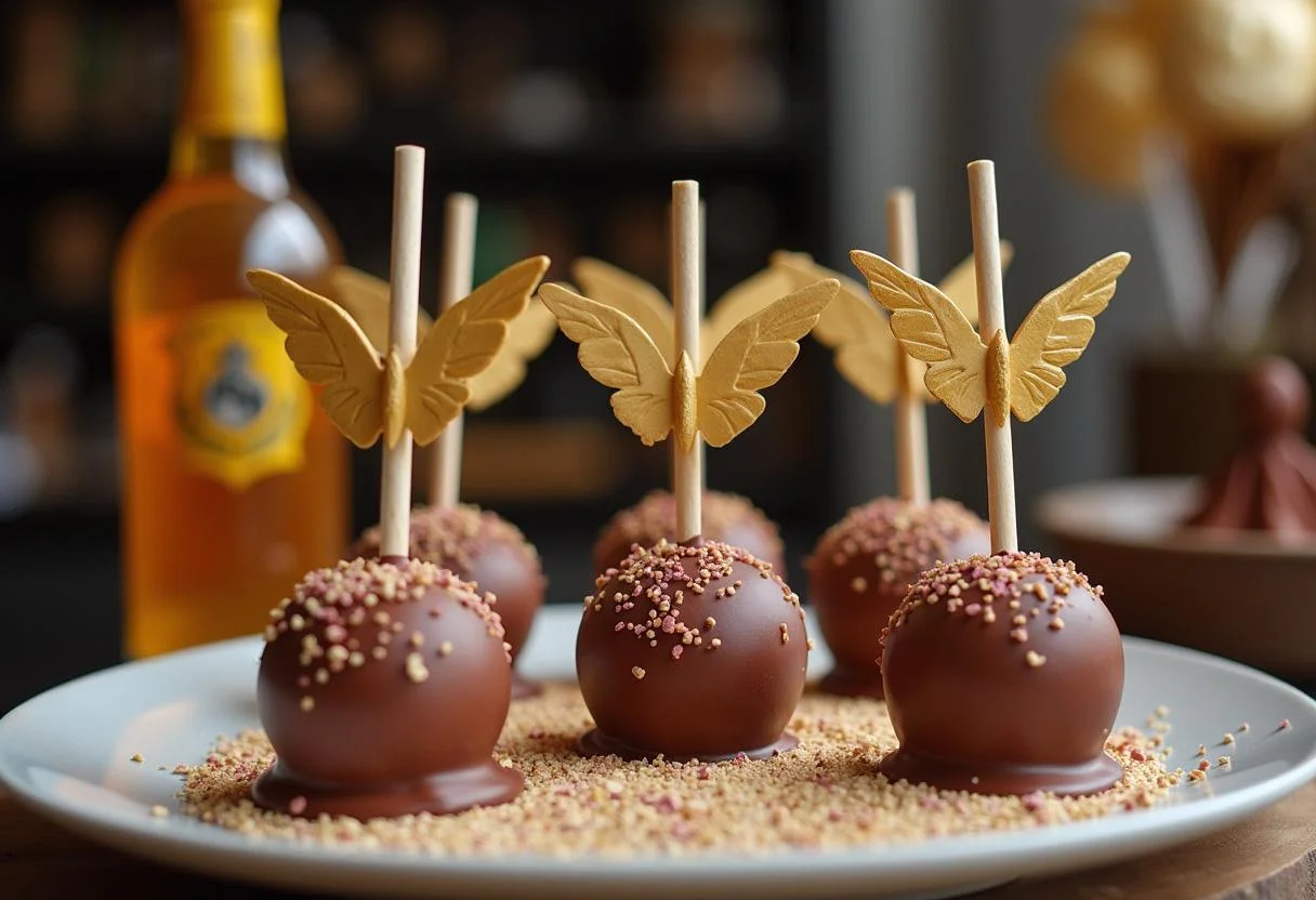 Decorating Harry Potter Golden Snitch Cake Pops with golden wings, creating a whimsical scene.