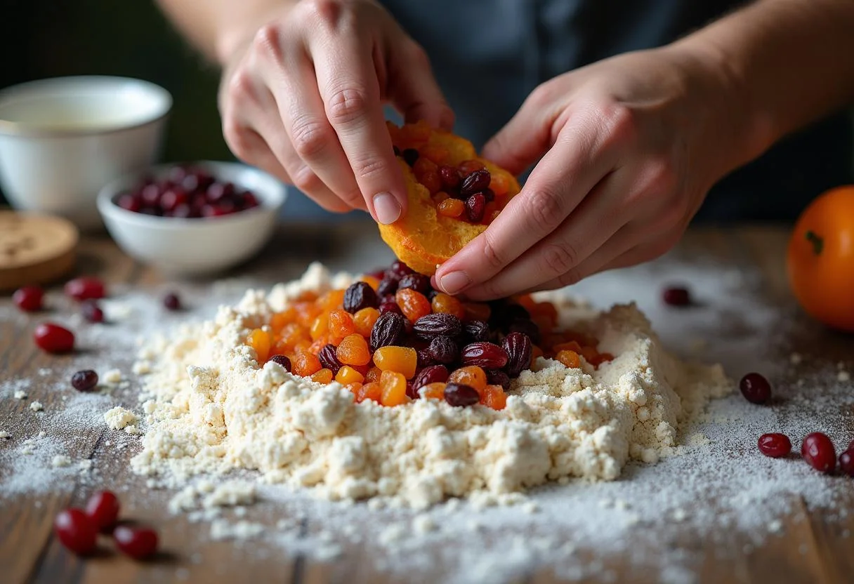 Making Harry Potter Hagrid's Rock Cakes with dried fruits added to the mixture, showcasing a delightful baking process.