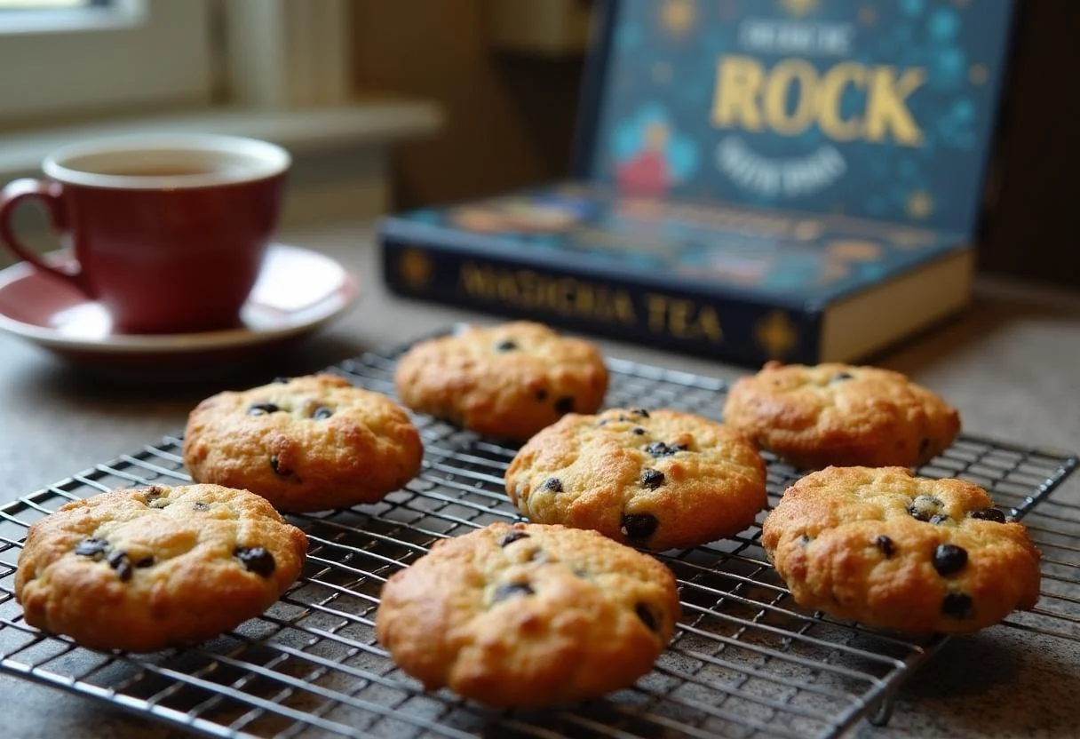 Cooling Harry Potter Hagrid's Rock Cakes on a wire rack, a cozy tea setting to enjoy with these magical treats.