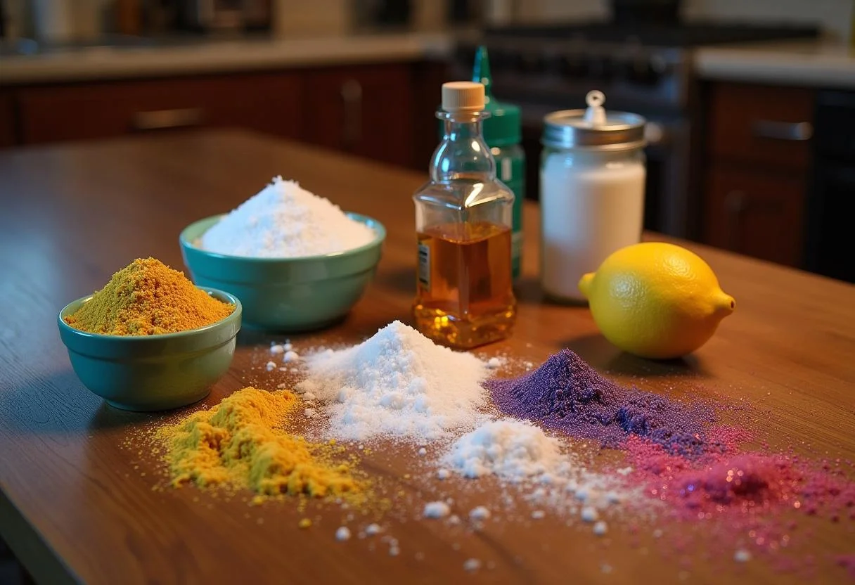 Harry Potter Honeydukes Fizzing Whizbees ingredients, sugar, corn syrup, lemon juice, baking soda, edible glitter on a wooden table.