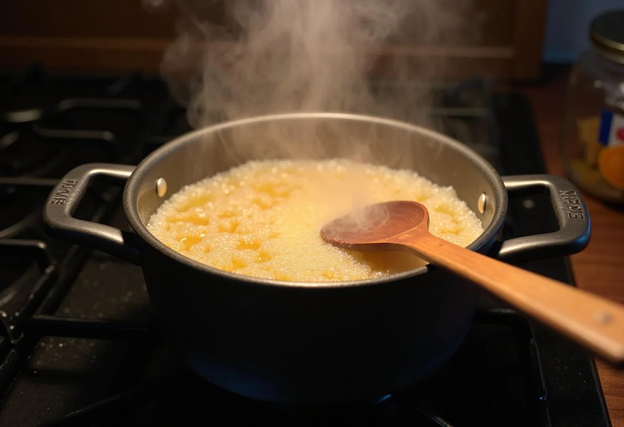 Whimsical pot cooking Fizzing Whizbees mixture with bubbling sugar and corn syrup, steam rising in a cozy kitchen.