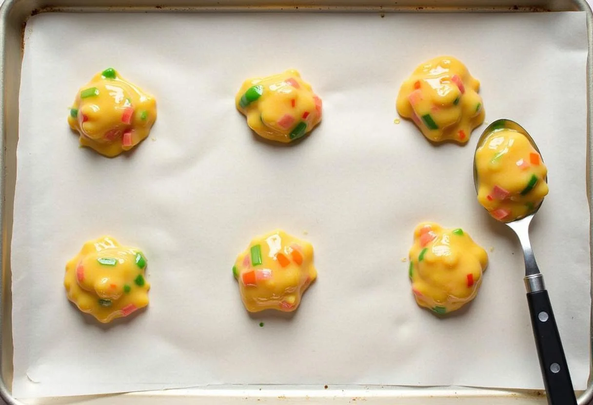 Vibrant blobs of Fizzing Whizbees candy mixture on parchment paper waiting to cool, illustrated from overhead perspective in a cozy kitchen.