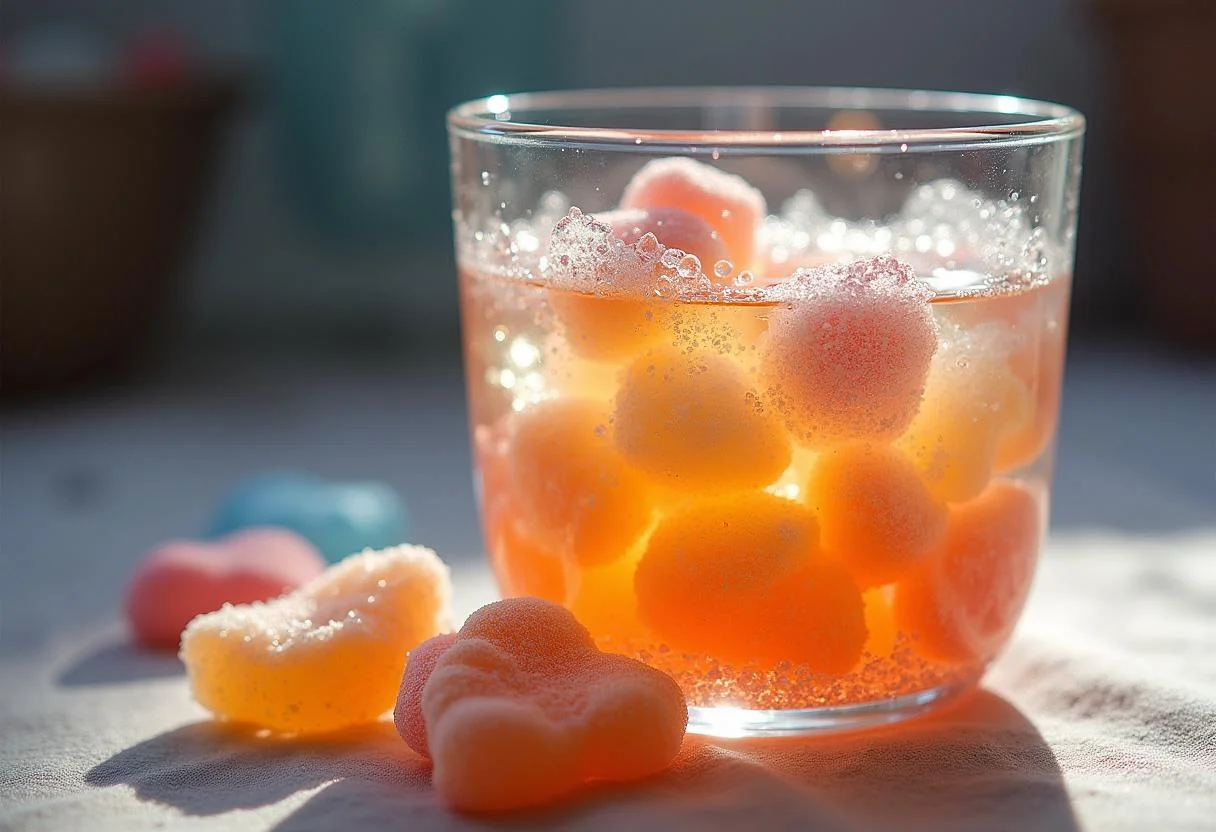 Close-up of a bubbling glass of Harry Potter Honeydukes Fizzing Whizbees candy, with bubbles and colorful pieces for a magical effect.
