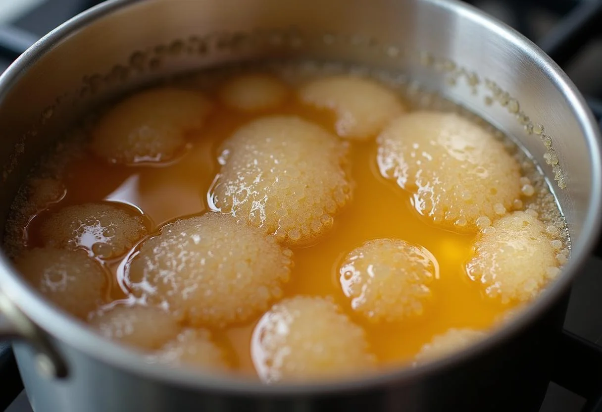 Cooking sugar and corn syrup for Harry Potter Hufflepuff Honeycomb Crunch, a sweet treat inspired by the wizarding world.