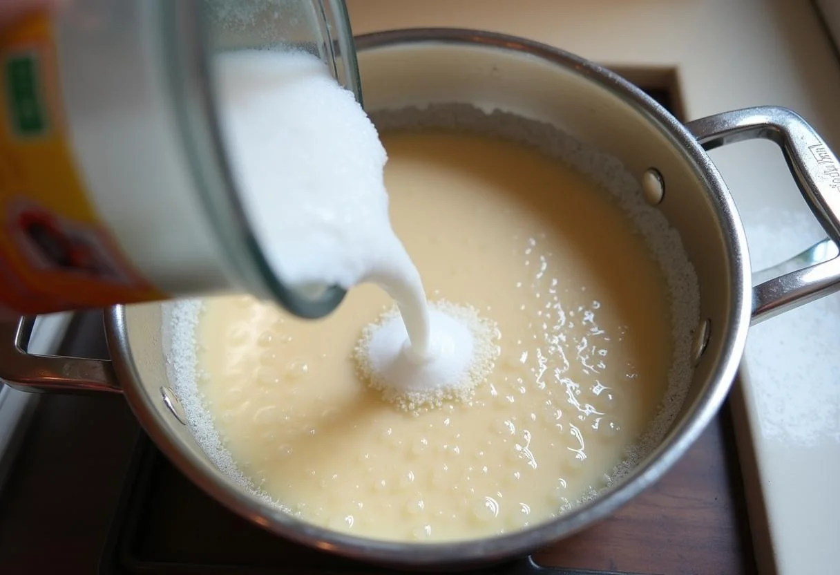 Adding baking soda to create a honeycomb texture for Hufflepuff Honeycomb Crunch from Harry Potter, showcasing the magical transformation of the mixture.