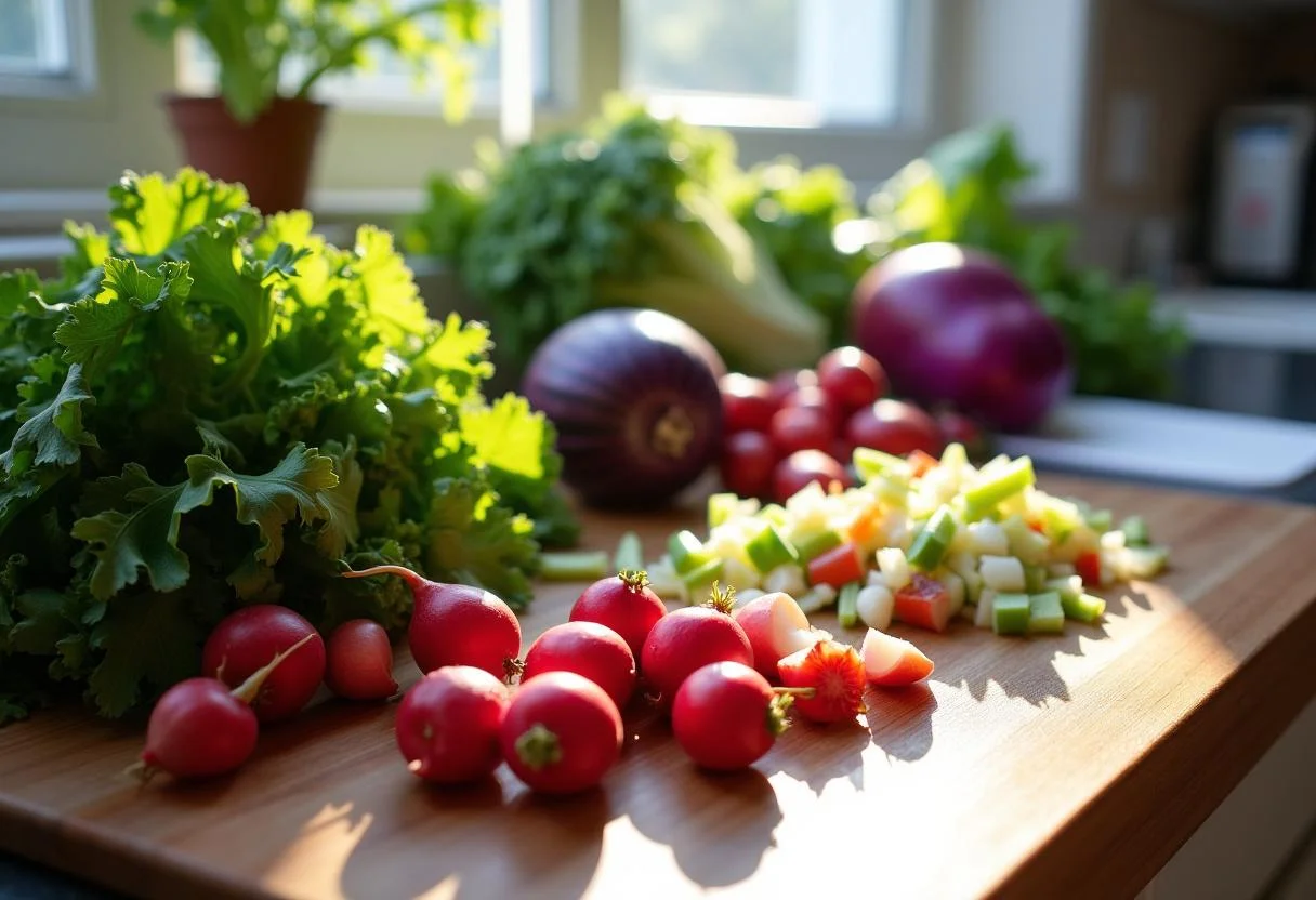 Fresh vegetables and greens for Harry Potter Mandrake Screaming Salad preparation, showcasing vibrant colors and fresh produce.