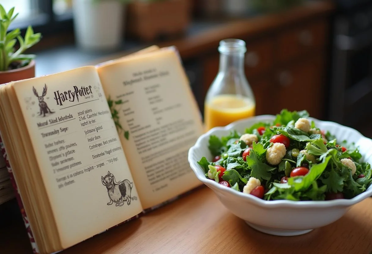 Cookbook opened to Harry Potter Mandrake Screaming Salad recipe with colorful ingredients ready to be mixed, capturing a magical cooking vibe.