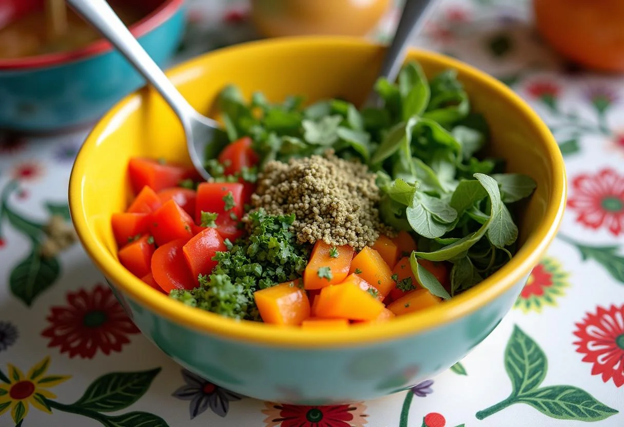 Tossing the ingredients of Harry Potter Mandrake Screaming Salad in a mixing bowl, highlighting the colorful and fresh components in a magical setting.