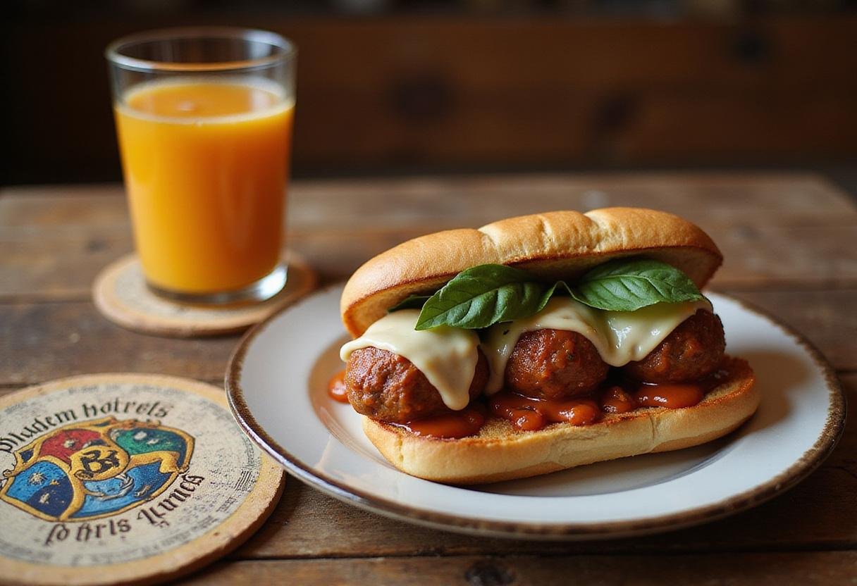 Delicious Harry Potter Ministry of Magic Meatball Subs on a rustic wooden table with magical elements.