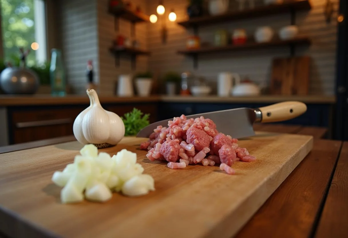 Chopping garlic and onions for Harry Potter Ministry of Magic Meatball Subs in a magical kitchen.