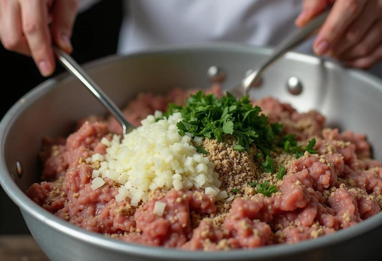 Mixing ingredients for meatballs inspired by the Harry Potter Ministry of Magic in a warm kitchen setting.